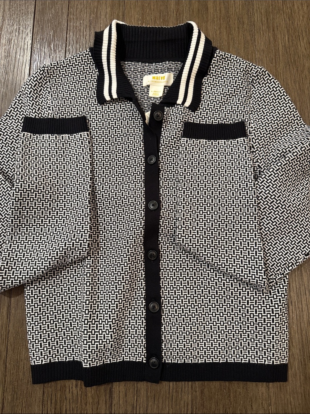 Maeve Black and White Geometric Polo-Style Cardigan